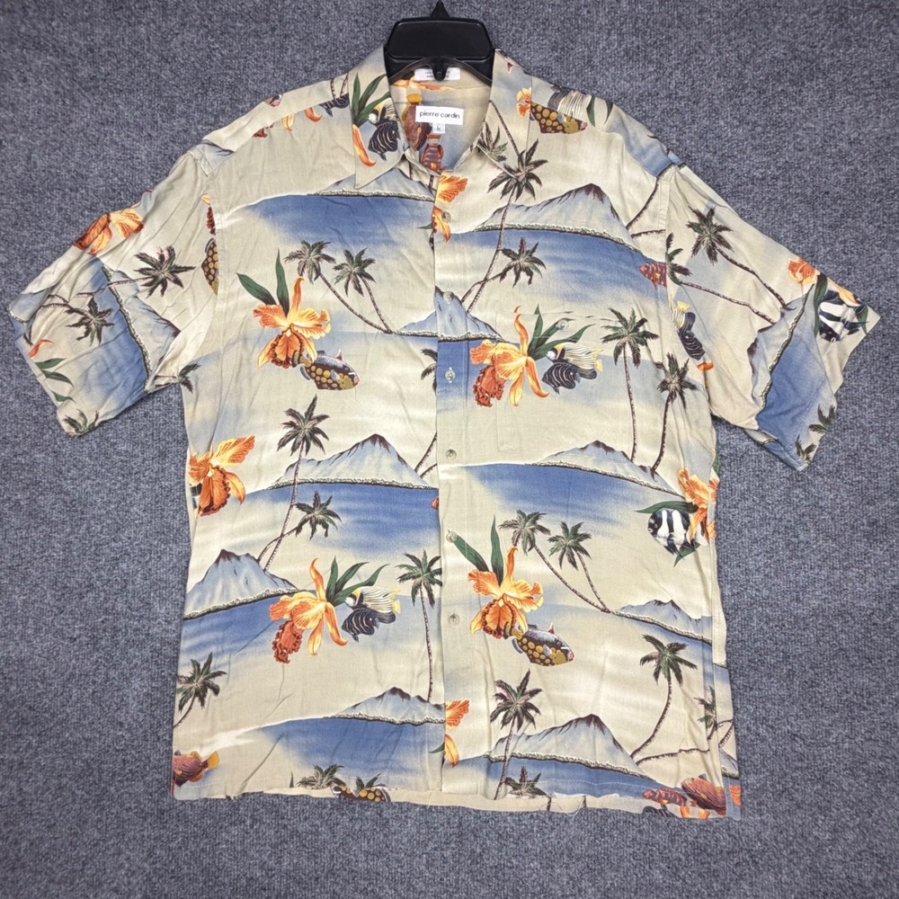 Pierre Cardin Men Large Tropical Island Rayon Button Up Shirt Palm Tree Fish Tan